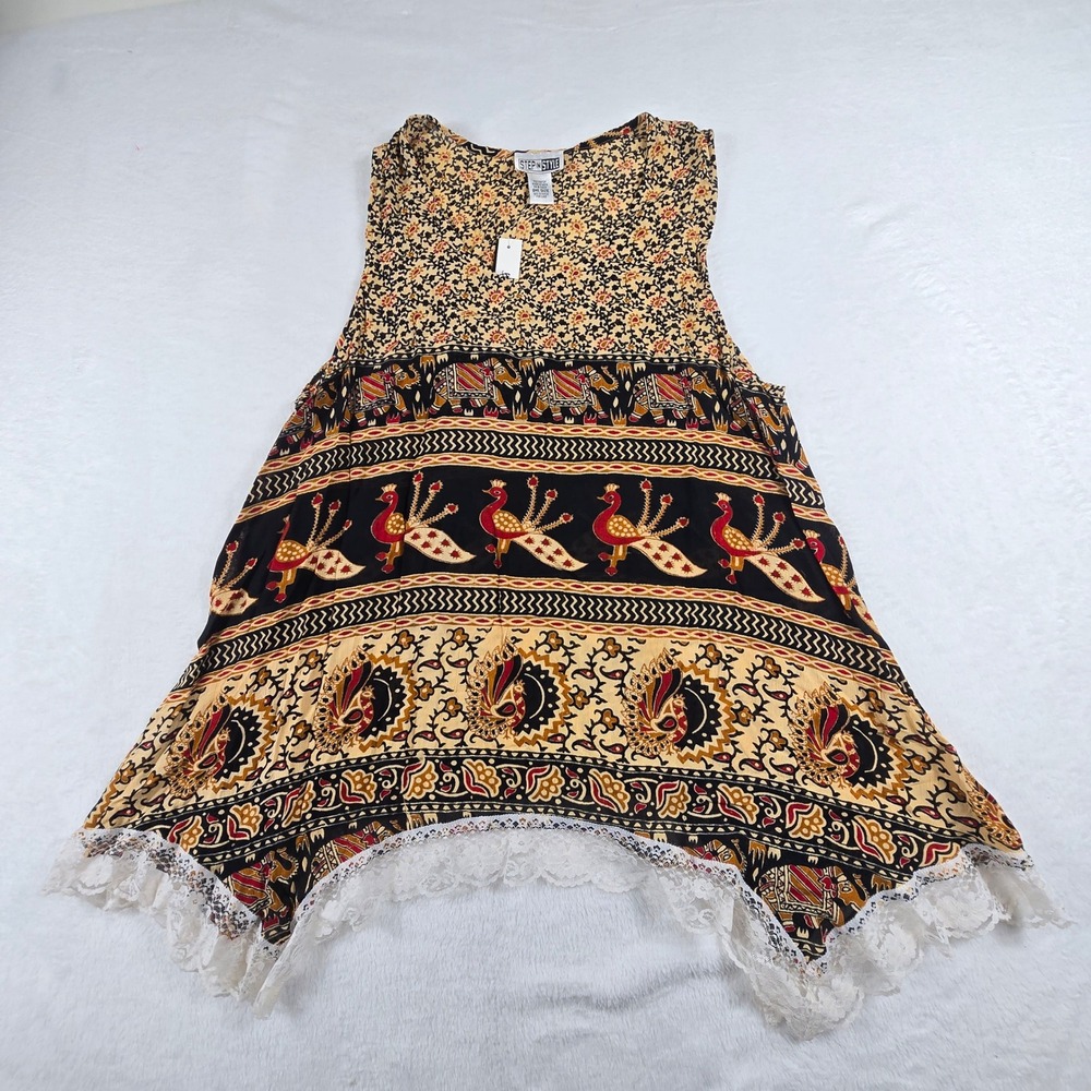 Step In Style Boho Peacock Elephant Print Lace Trim Rayon Tank Top OS One Size